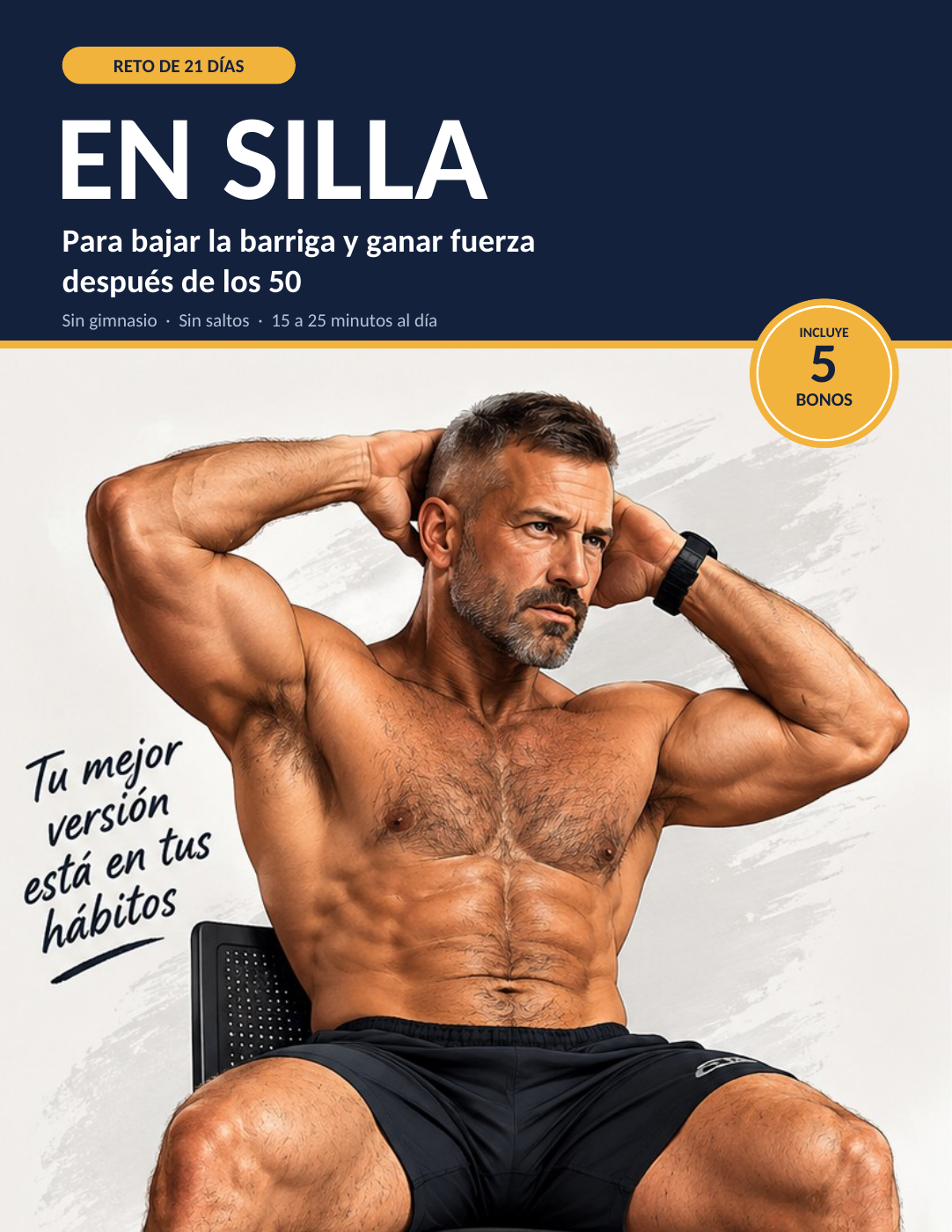 Portada original del libro Reto de 21 Días en Silla: para bajar la barriga y ganar fuerza después de los 50