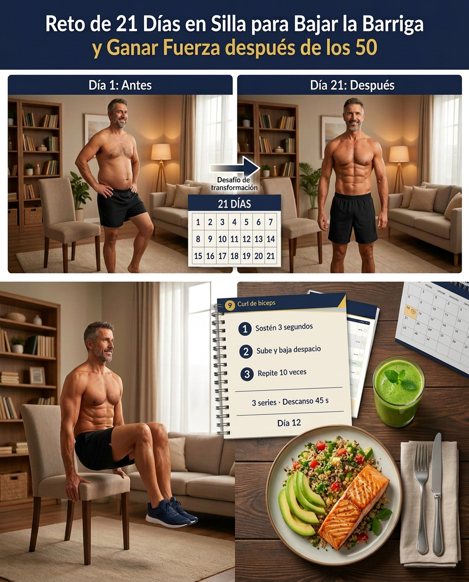 Collage del Reto de 21 Días en Silla: comparación del día 1 y el día 21, el manual de ejercicios abierto sobre la mesa, un plato con salmón, aguacate y quinoa, y un batido verde